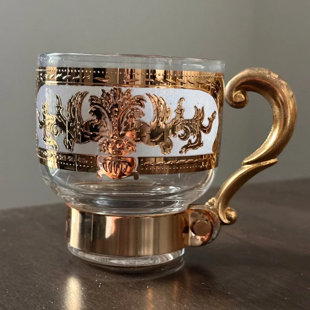 Vintage 22K Gold Filigree Glass Pitcher and 6 Mug Set with Stirrer MCM Barware